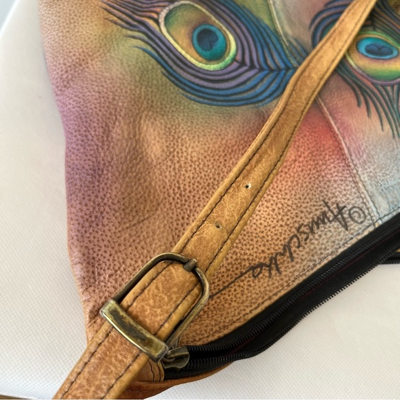 Anuschka V Top Hand Painted Peacock Leather Hobo Shoulder Bag - Picture 4 of 16